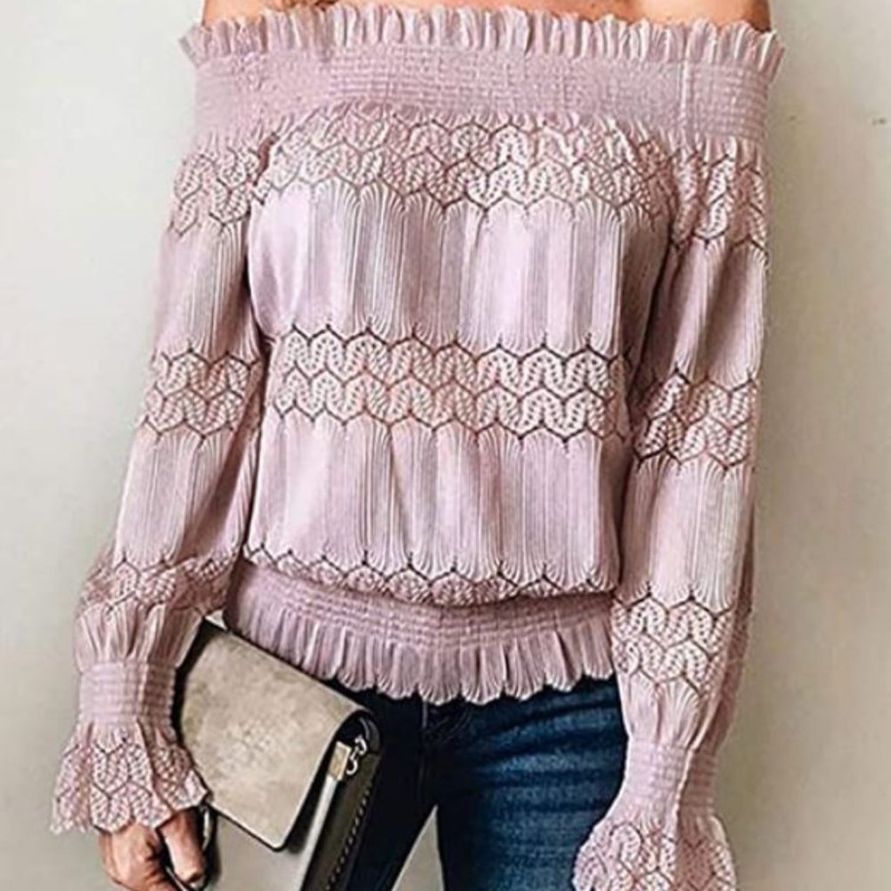 Blush/Mauve Off-Shoulder Long Sleeve Lacy Blouse